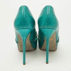 Sergio Rossi Green Laser Cut Lizard Embossed Leather Platform Pumps Size 38