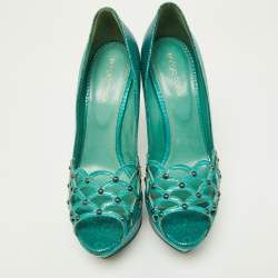 Sergio Rossi Green Laser Cut Lizard Embossed Leather Platform Pumps Size 38