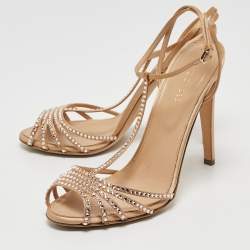 Pre Owned Sergio Rossi Metallic Crystal Embellished Satin T-Bar Ankle Strap Sandals Size 40