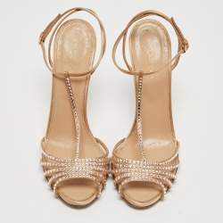 Pre Owned Sergio Rossi Metallic Crystal Embellished Satin T-Bar Ankle Strap Sandals Size 40