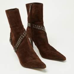 Sergio Rossi Brown Suede and Leather Studded Ankle Boots Size 37
