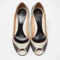 Pre Owned Sergio Rossi Black/White Leather Stitched Detail Peep Toe Pumps Size 39.5