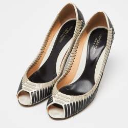 Pre Owned Sergio Rossi Black/White Leather Stitched Detail Peep Toe Pumps Size 39.5