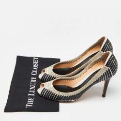 Pre Owned Sergio Rossi Black/White Leather Stitched Detail Peep Toe Pumps Size 39.5