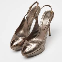 Sergio Rossi Gold Metallic Leather Peep Toe Platform Slingback Pumps Size 39