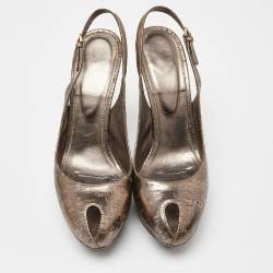 Sergio Rossi Gold Metallic Leather Peep Toe Platform Slingback Pumps Size 39