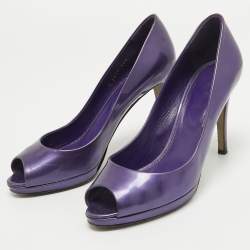 Pre Owned Sergio Rossi Purple Patent Leather Peep Toe Platform Pumps Size 38.5
