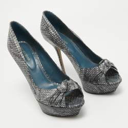 Sergio Rossi Grey/Blue Metallic Python Embossed  Peep Toe Pumps Size 40