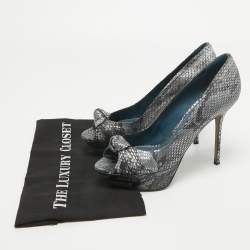 Sergio Rossi Grey/Blue Metallic Python Embossed  Peep Toe Pumps Size 40