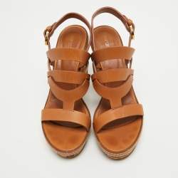 Pre Owned Sergio Rossi Brown Leather Cork Heel Ankle Strap Sandals Size 39