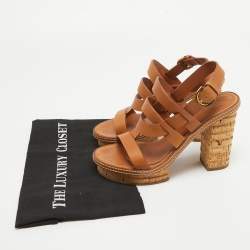 Pre Owned Sergio Rossi Brown Leather Cork Heel Ankle Strap Sandals Size 39