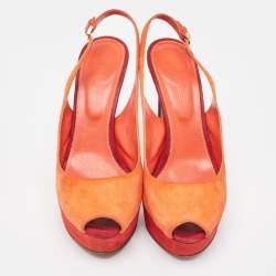 Sergio Rossi Orange Suede Peep Toe Slingback Pumps Size 37.5 