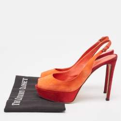 Sergio Rossi Orange Suede Peep Toe Slingback Pumps Size 37.5 