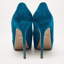 Sergio Rossi Blue Suede Peep Toe Platform Pumps Size 37.5