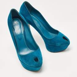 Sergio Rossi Blue Suede Peep Toe Platform Pumps Size 37.5