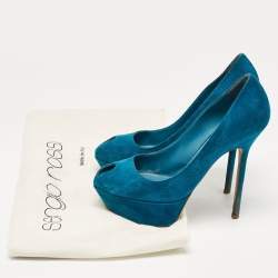 Sergio Rossi Blue Suede Peep Toe Platform Pumps Size 37.5