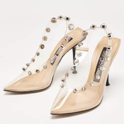 Sergio Rossi Beige/Transparent PVC Crystal Embellished Slingback Pumps Size 38.5
