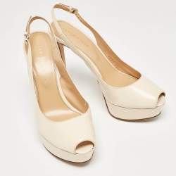 Pre Owned Sergio Rossi Cream Patent Peep Toe Platform Slingback Pumps Size 38