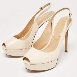 Pre Owned Sergio Rossi Cream Patent Peep Toe Platform Slingback Pumps Size 38