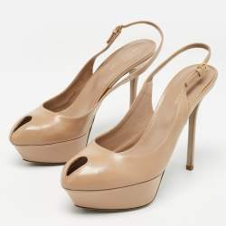 Sergio Rossi Beige Leather Peep Toe Slingback Pumps Size 38.5    