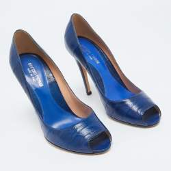 Pre Owned Sergio Rossi Blue Eel Leather Peep Toe Pumps Size 37.5