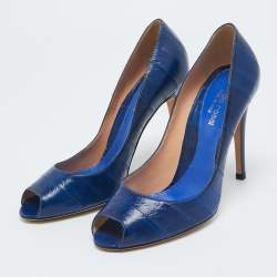 Pre Owned Sergio Rossi Blue Eel Leather Peep Toe Pumps Size 37.5