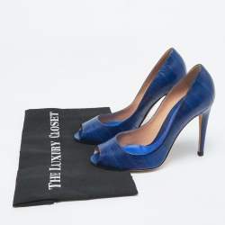 Pre Owned Sergio Rossi Blue Eel Leather Peep Toe Pumps Size 37.5