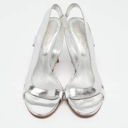 Pre Owned Sergio Rossi Silver Leather Strappy Slingback Sandals Size 36.5