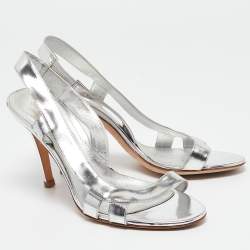 Pre Owned Sergio Rossi Silver Leather Strappy Slingback Sandals Size 36.5