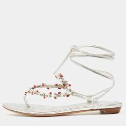 Pre Owned Sergio Rossi Silver Leather Crystal Embellished Ankle Wrap Flat Slides Size 37.5