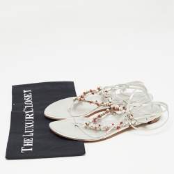 Pre Owned Sergio Rossi Silver Leather Crystal Embellished Ankle Wrap Flat Slides Size 37.5