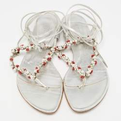 Pre Owned Sergio Rossi Silver Leather Crystal Embellished Ankle Wrap Flat Slides Size 37.5