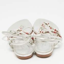 Pre Owned Sergio Rossi Silver Leather Crystal Embellished Ankle Wrap Flat Slides Size 37.5