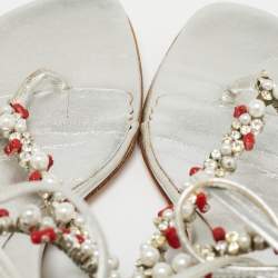 Pre Owned Sergio Rossi Silver Leather Crystal Embellished Ankle Wrap Flat Slides Size 37.5