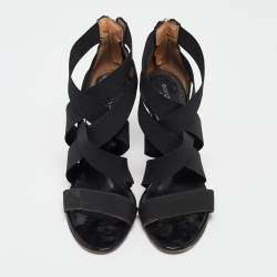 Sergio Rossi Black Patent and Fabric Strappy Sandals Size 36.5