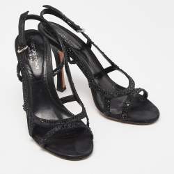 Sergio Rossi Black Satin Crystal Embellished Ankle Strap Sandals Size 37.5