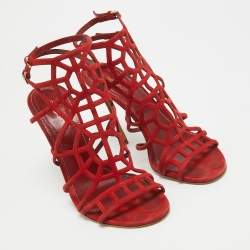 Sergio Rossi Red Suede Puzzle Caged Sandals Size 37