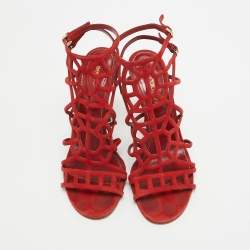 Sergio Rossi Red Suede Puzzle Caged Sandals Size 37