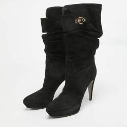 Pre Owned Sergio Rossi Black Suede Buckle Mid Calf Boots Size 40 