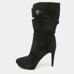 Pre Owned Sergio Rossi Black Suede Buckle Mid Calf Boots Size 40 