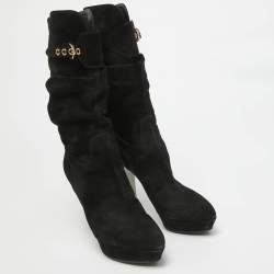 Pre Owned Sergio Rossi Black Suede Buckle Mid Calf Boots Size 40 