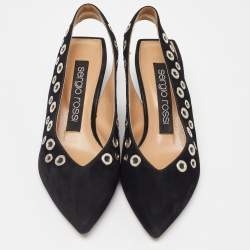 Sergio Rossi Black Suede SR Eyelet Slingback Sandals Size 37