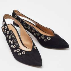 Sergio Rossi Black Suede SR Eyelet Slingback Sandals Size 37