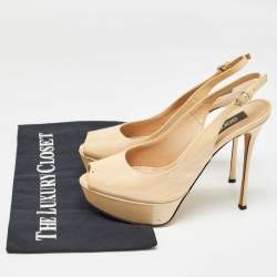 Sergio Rossi Beige Patent Leather Peep Toe Slingback Pumps Size 36