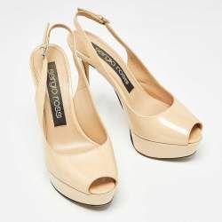 Sergio Rossi Beige Patent Leather Peep Toe Slingback Pumps Size 36