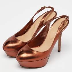 Sergio Rossi Metallic Brown Leather Cachet Peep Toe Platform Slingback Sandals Size 36.5