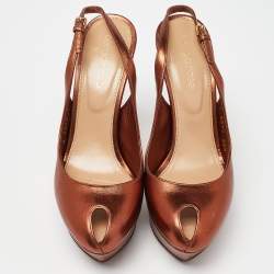 Sergio Rossi Metallic Brown Leather Cachet Peep Toe Platform Slingback Sandals Size 36.5