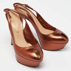 Sergio Rossi Metallic Brown Leather Cachet Peep Toe Platform Slingback Sandals Size 36.5