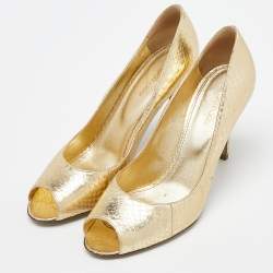 Sergio Rossi Gold Watersnake Leather Peep Toe Pumps Size 39