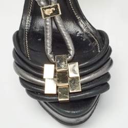 Sergio Rossi Black/Metallic Grey Leather Strappy Platform Sandals Size 36